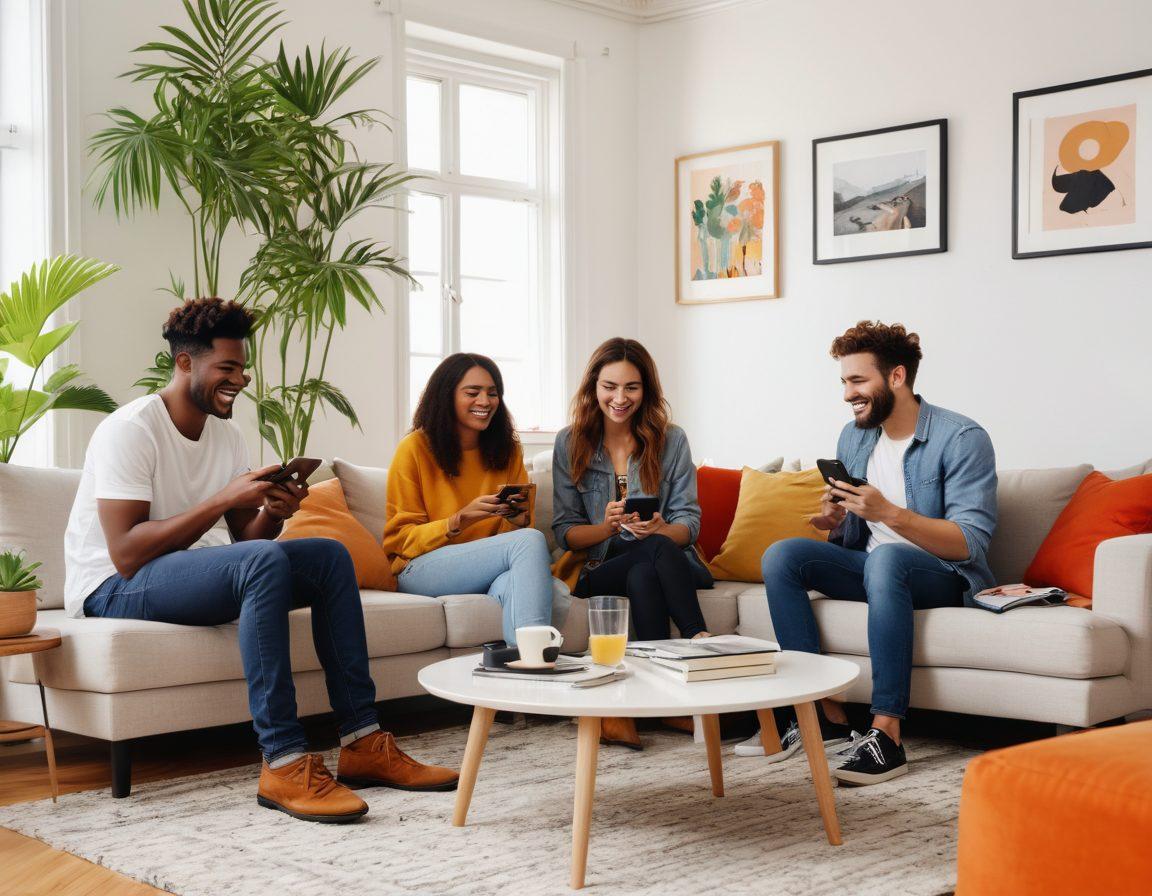 A diverse group of happy roommates sitting in a modern, stylish living room, engaging in conversation and laughter, with scattered smartphones and laptops showing WebRoomsters app. Background features a cozy, well-furnished apartment, giving a sense of comfort and community. vibrant colors. super-realistic. white background.
