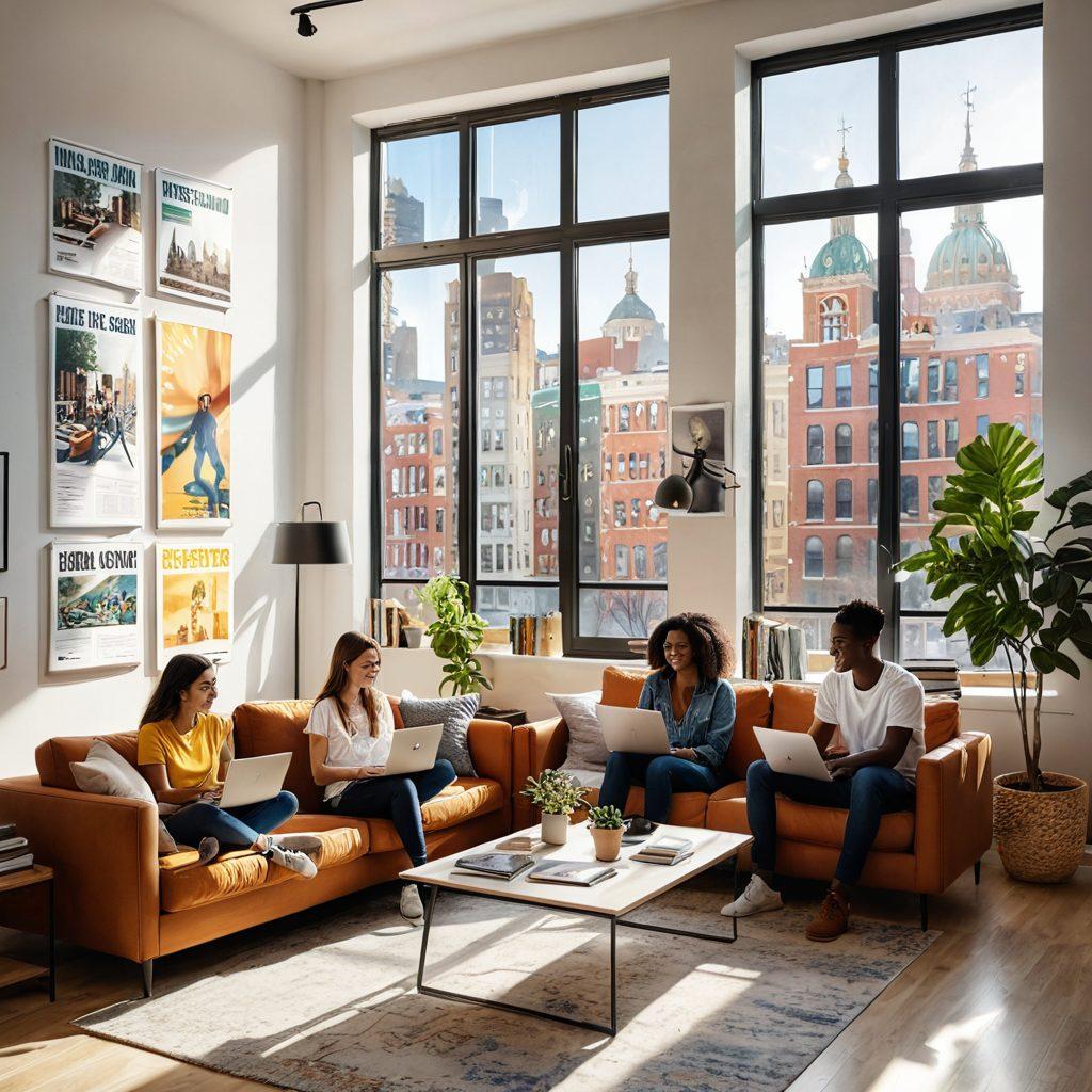 A cozy, modern, shared living room space featuring diverse young adults happily interacting, with laptops open, and posters on the wall showcasing cities from around the world. Sunlight streams through large windows, creating a warm and inviting atmosphere. super-realistic. vibrant colors. white background.